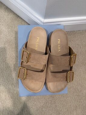 Prada Taupe Suede Double-Buckle Slide Sandals